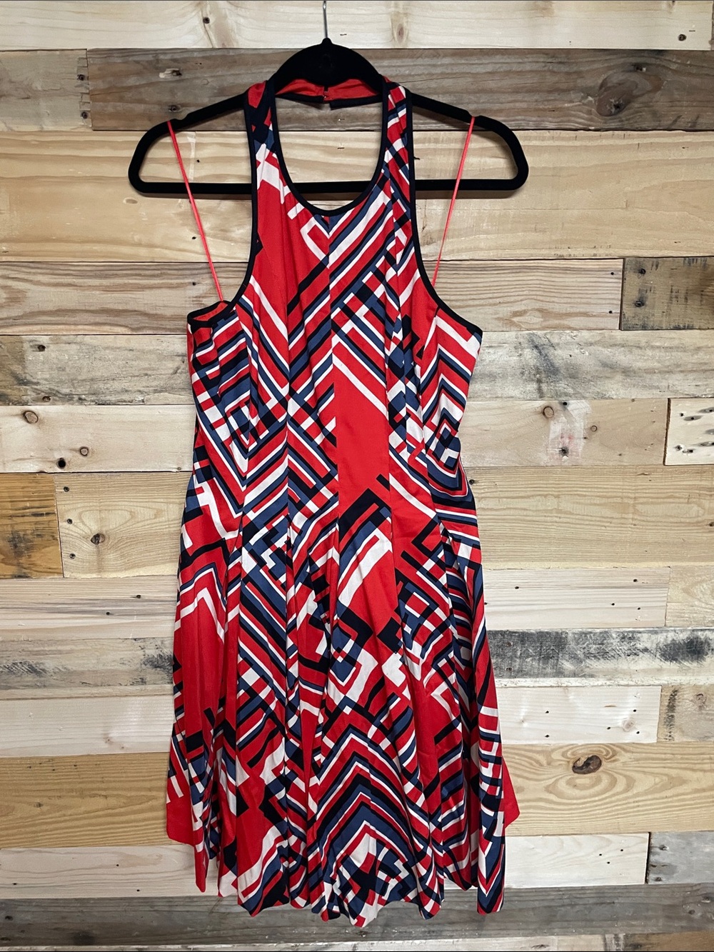 Jessica Simpson size 6 Red, Blue, White, and Black A-line Halter Midi Sundress